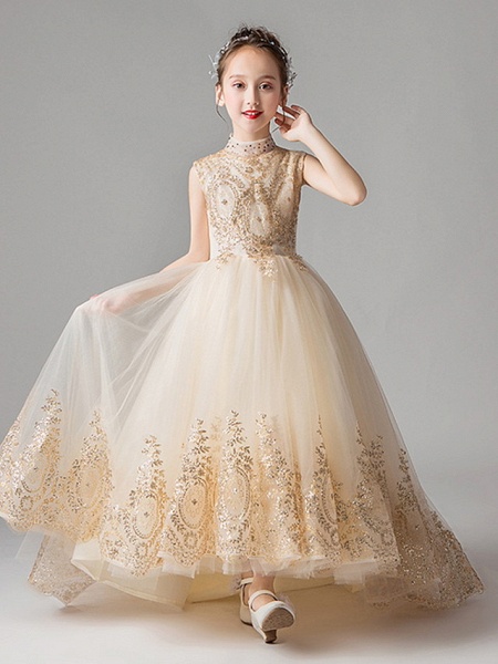 Princess Court Train Party / Pageant Flower Girl Dresses - Polyester Sleeveless Jewel Neck With Appliques_3