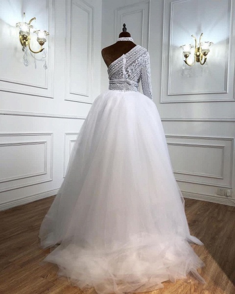 Elegant One Shoulder Long Sleeve Appliques Lace Pearl Floor-length Tulle A-line Prom Dress_2