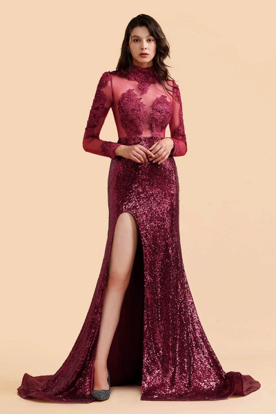 Burgundy Modern High Neck Sexy Split Open back Prom Dress_2