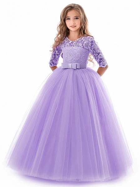 Princess Long Length Wedding / Party / Pageant Flower Girl Dresses - Lace / Tulle Half Sleeve Jewel Neck With Lace / Belt_4
