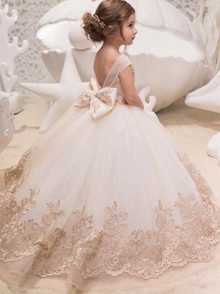 Princess Sweep / Brush Train Wedding / Birthday / Pageant Flower Girl Dresses - Lace / Tulle / Cotton Sleeveless Jewel Neck With Lace / Bow(S) / Embroidery_2