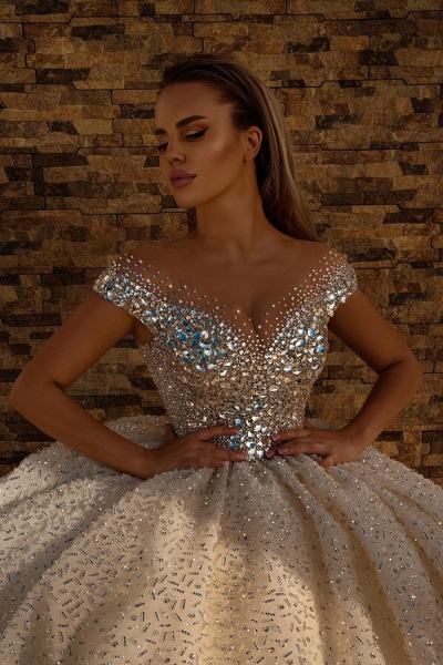 Long Ball Gown Off the Shoulder Crystal Sequins Wedding Dresses_2