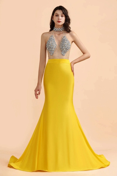 Sexy gelbe Kristalle durchsichtige Tüll-Abschlussballkleider der Meerjungfrau_1