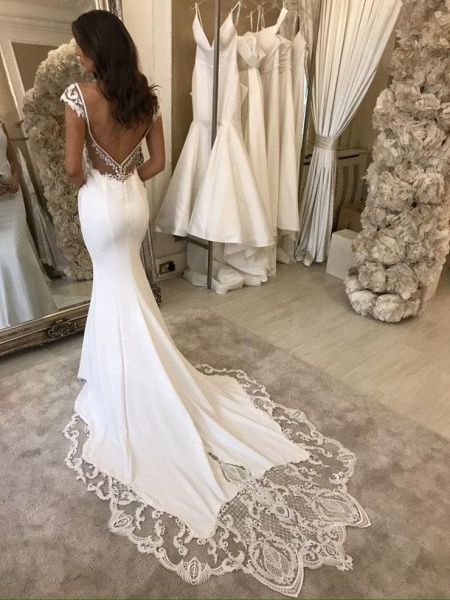 Deep V-neck Appliques Lace Satin Floor-length Mermaid Wedding Dress_2