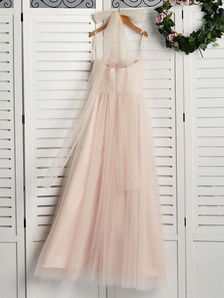 A-Line Halter Neck Floor Length Tulle Junior Bridesmaid Dress With Ruching_4