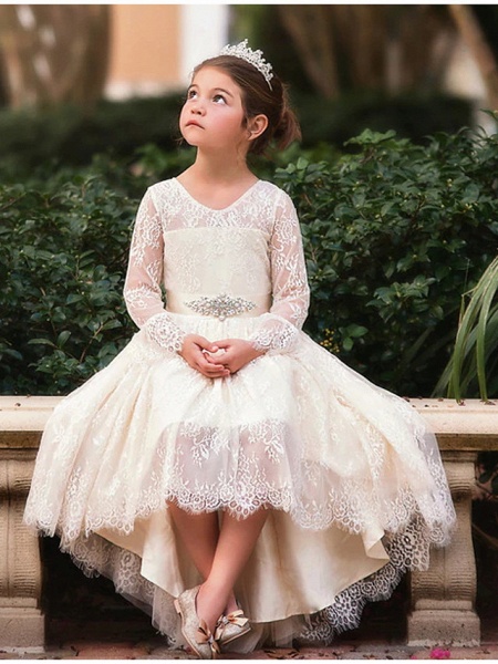 Ball Gown Asymmetrical Wedding Flower Girl Dresses - Lace Long Sleeve V Neck With Bow(S) / Appliques / Solid_1