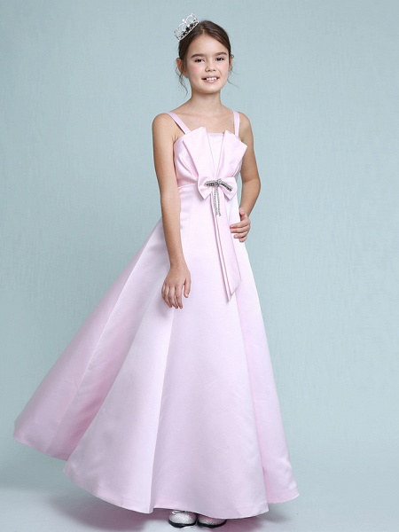 Princess / A-Line Spaghetti Strap Floor Length Stretch Satin Junior Bridesmaid Dress With Bow(S) / Beading / Empire / Spring / Summer / Fall / Winter_4