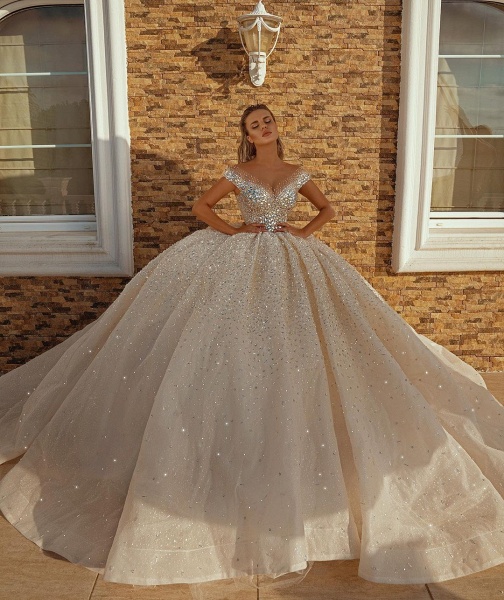 Long Ball Gown Off the Shoulder Crystal Sequins Wedding Dresses_4