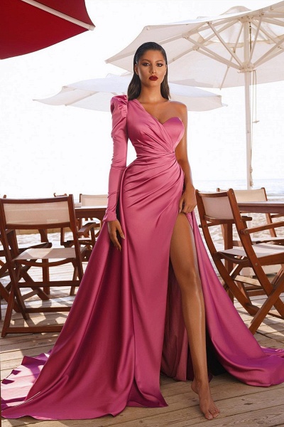 Long One Shoulder Long Sleeves Evening Maxi Gowns with Slit_2
