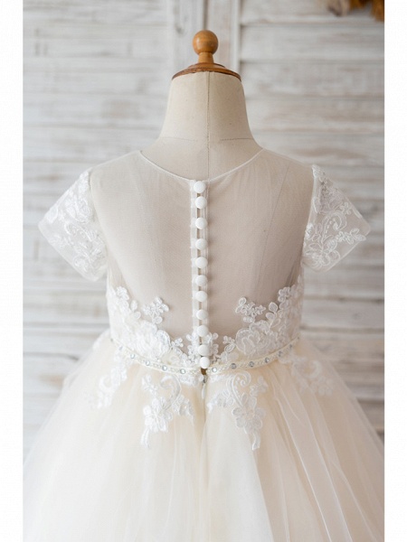 Ball Gown Knee Length Wedding / Birthday Flower Girl Dresses - Lace / Tulle Short Sleeve Jewel Neck With Belt / Buttons / Beading_4