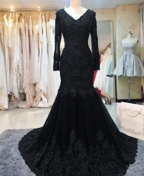 Gorgeous Long Sleeve V-neck Appliques Lace Beading Tulle Mermaid Prom Dress_4