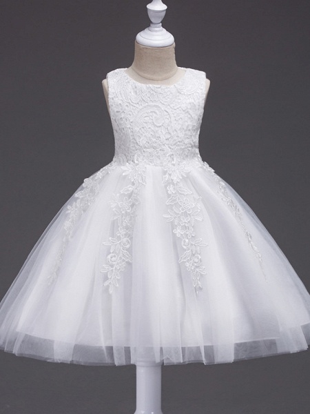 Princess Knee Length Party / Pageant Flower Girl Dresses - Tulle / Polyester Sleeveless Jewel Neck With Lace / Appliques_3