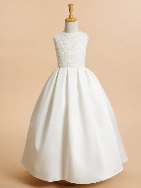 A-Line Ankle Length Wedding / First Communion Flower Girl Dresses - Lace / Satin Sleeveless Jewel Neck With Lace_1