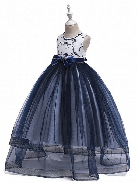 Princess Round Floor Length Cotton Junior Bridesmaid Dress With Bow(S) / Embroidery_5