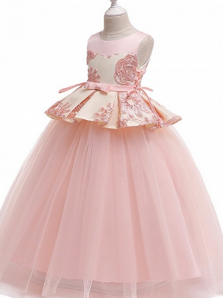 Princess Round Floor Length Cotton Junior Bridesmaid Dress With Bow(S) / Appliques_6