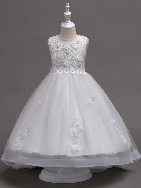 Princess Knee Length Flower Girl Dress - Lace / Tulle Sleeveless Jewel Neck With Appliques / Crystals / Lace By Lan Ting Express_1