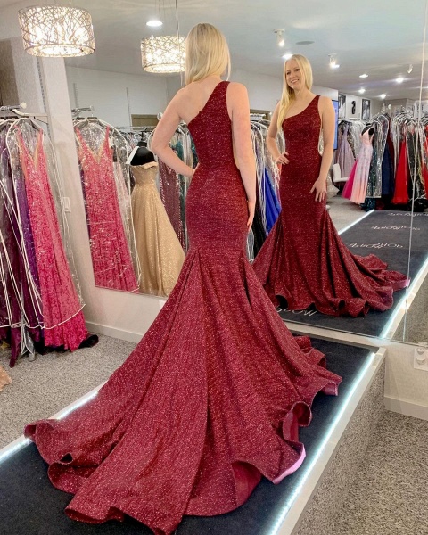 Gorgeous One Shoulder Ruffles Floor-length Mermaid Prom Dresses With Sequins_1