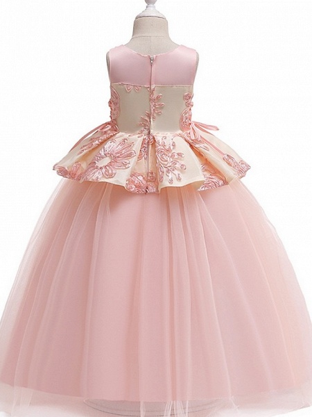 Princess Round Floor Length Cotton Junior Bridesmaid Dress With Bow(S) / Appliques_5