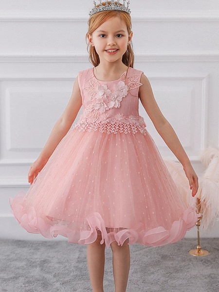 Prinzessin / Ballkleid Knie-Länge Hochzeit / Party Blumenmädchenkleider - Tüll Ärmellos Schmuck mit Schleife(n) / Perlenstickerei / Applikationen_2