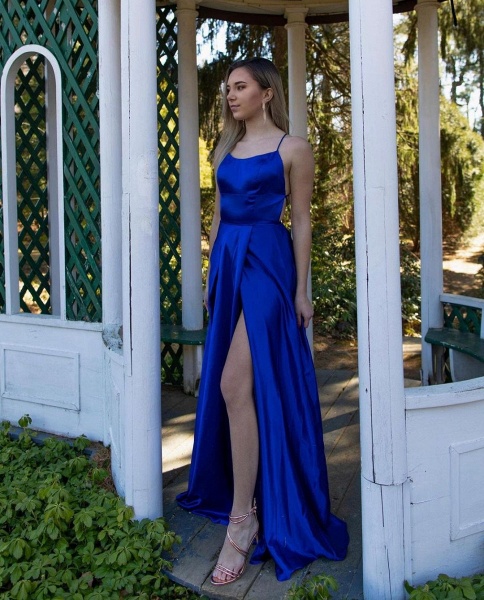 Simple Long A-line Spaghetti Straps Stain Backless Prom Dress With Slit_2