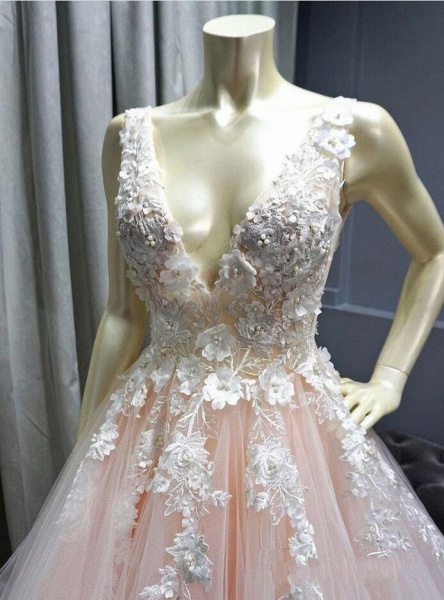 Elegant A-line Spaghetti Straps Deep V-neck Open Back Appliques Lace Tulle Prom Dress_4