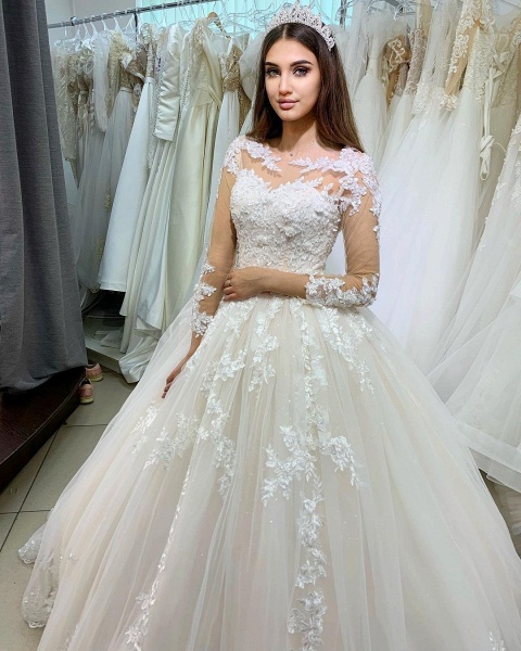 Classy Bateau Long Sleeve Appliques Lace Tulle Floor-length Princess Wedding Dress_2