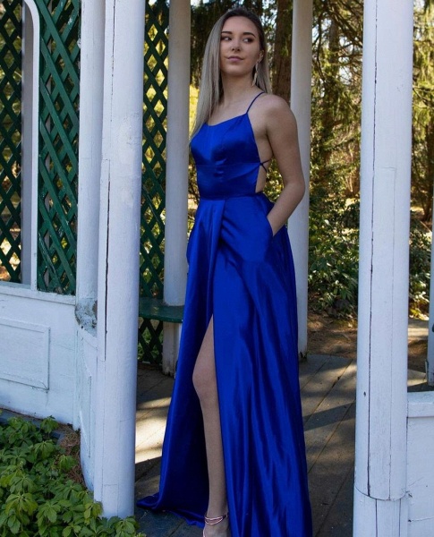 Simple Long A-line Spaghetti Straps Stain Backless Prom Dress With Slit_3