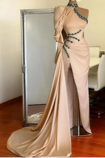 Elegant High Neck One Shoulder Long Sleeve Crystal Mermaid Prom Dress With Split_1