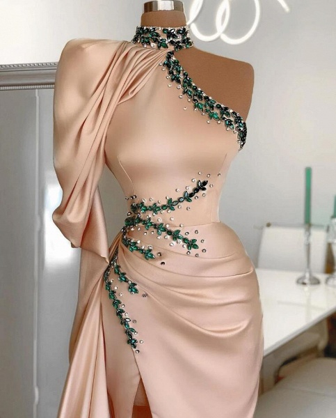 Elegant High Neck One Shoulder Long Sleeve Crystal Mermaid Prom Dress With Split_2