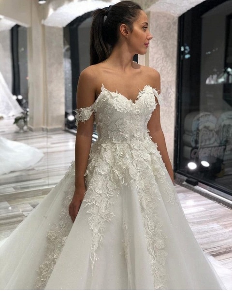 Beautiful A-Line Sweetheart Off-the-Shoulder Appliques Lace Tulle Wedding Dress_2