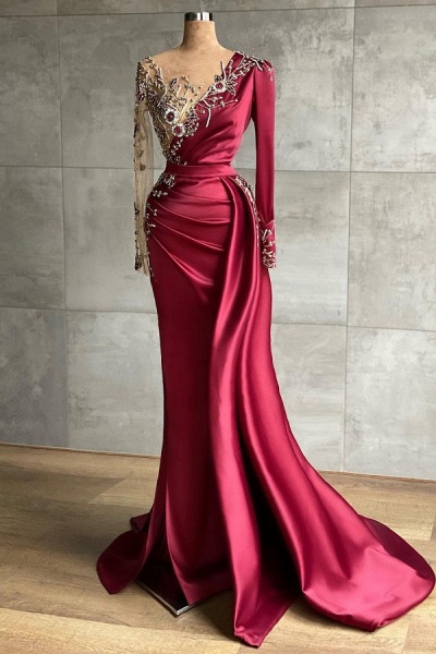 Charming Mermaid Long Sleeves V-neck Satin Prom Dress with Side Sweep Train_1