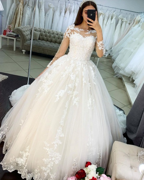 Classy Bateau Long Sleeve Appliques Lace Tulle Floor-length Princess Wedding Dress_3