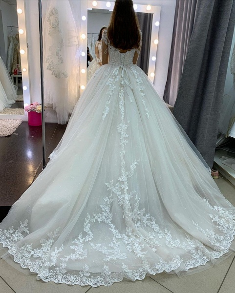 Classy Bateau Long Sleeve Appliques Lace Tulle Floor-length Princess Wedding Dress_4