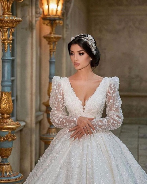 Gorgeous A-Line Deep V-neck Appliques Lace Long Sleeve Train Wedding Dress_3