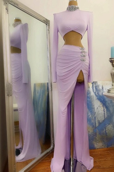 Unique Two Piece High Neck Long Sleeve Floor-length Split Mermaid Prom Dress_1