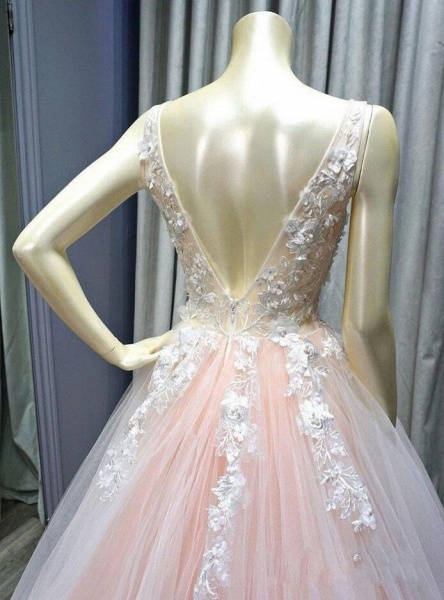 Elegant A-line Spaghetti Straps Deep V-neck Open Back Appliques Lace Tulle Prom Dress_5