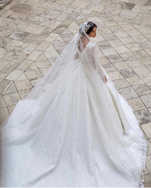 Gorgeous A-Line Deep V-neck Appliques Lace Long Sleeve Train Wedding Dress_2