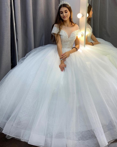 Elegant A-Line Bateau Sequins Crystal Short Sleeve Tulle Train Wedding Dress_2