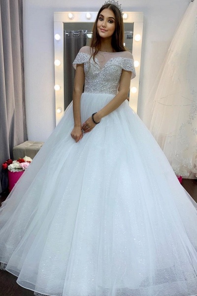 Elegant A-Line Bateau Sequins Crystal Short Sleeve Tulle Train Wedding Dress_1
