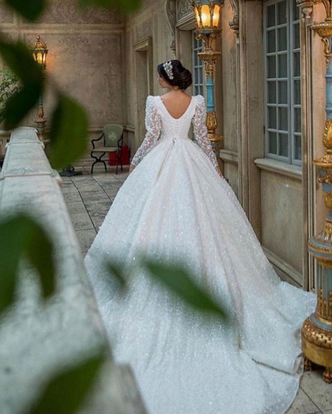 Gorgeous A-Line Deep V-neck Appliques Lace Long Sleeve Train Wedding Dress_5