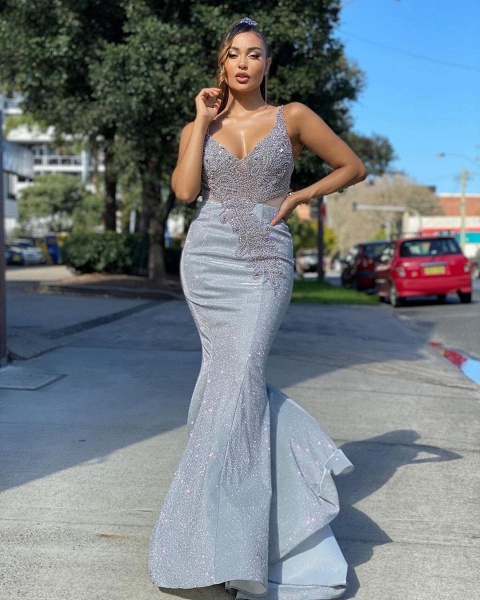 Luxury Deep V-neck Spaghetti Straps Backless Sequins Crystal Floor-length Mermaid Prom Dress_2