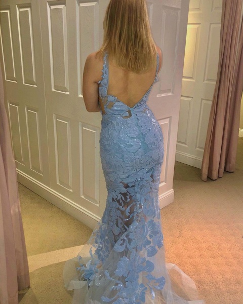 Sexy Spaghetti Straps Deep V-neck Appliques Lace Open Back Mermaid Prom Dress_2