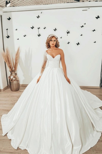 Modest Sweetheart Pearl Long Sleeve Floor-length Satin Ruffles Ball Gown Wedding Dress_1