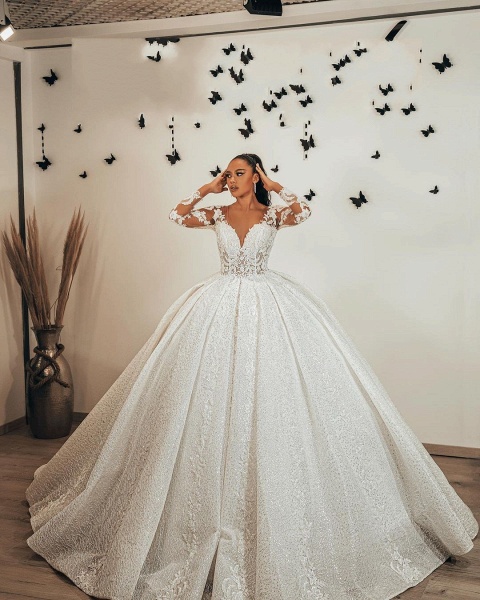 Gorgeous Ball Gown Sweetheart Long Sleeve Appliques Lace Sequins Ruffles Wedding Dress_3