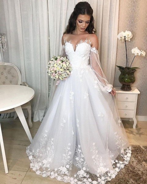 Elegant Long Princess Off-the-shoulder Tulle Wedding Dress with Bubble Sleeves_6