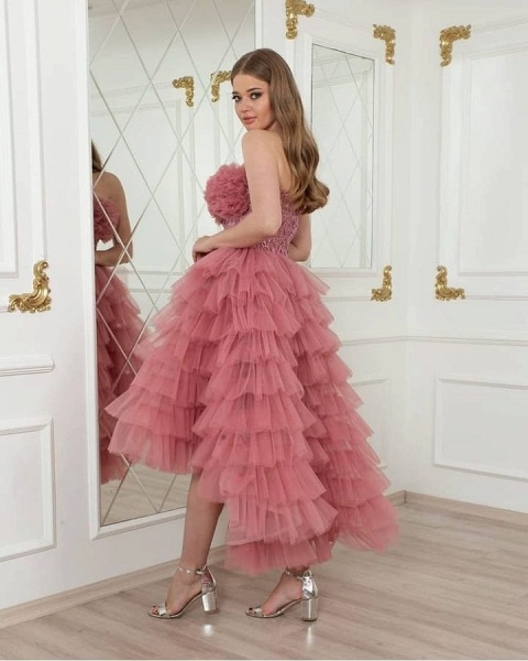 Beautiful Strapless Backless Tulle Ruffles A-Line  High Low Prom Dress With Sash_2