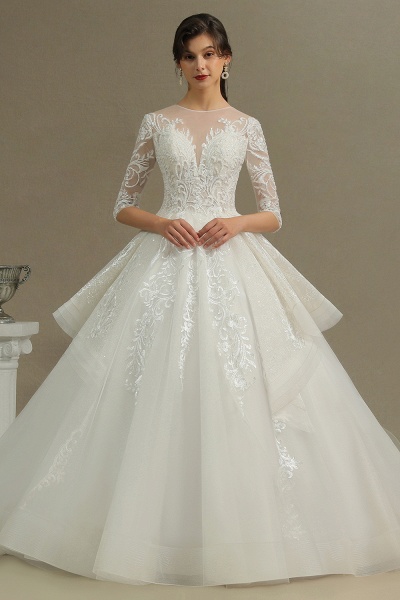 CPH227 Luxus-Blumenspitze-Brautkleid Rundhalsausschnitt mit langen Ärmeln Aline Luxus-Hochzeitskleider_1