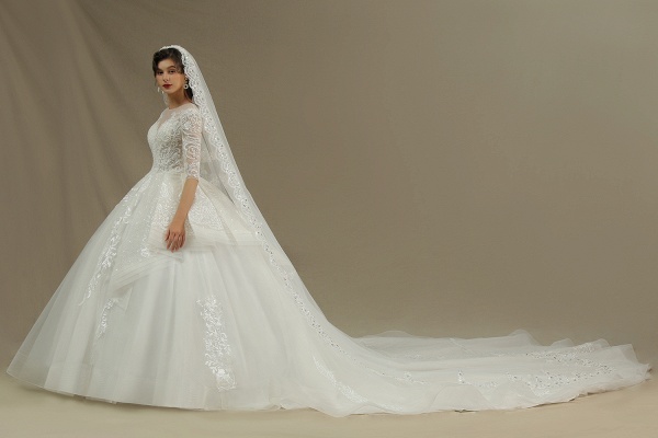 CPH227 Luxus-Blumenspitze-Brautkleid Rundhalsausschnitt mit langen Ärmeln Aline Luxus-Hochzeitskleider_8