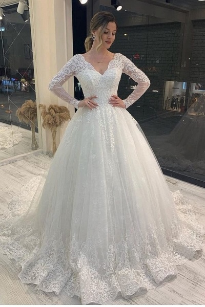 Classy Long Sleeve V-neck Appliques Lace Backless Tulle A-Line Wedding ...