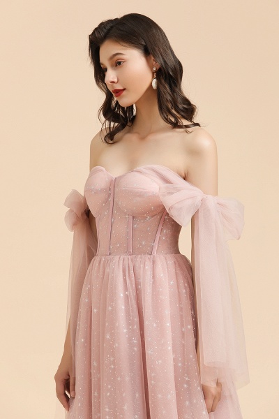 BM2007 A-line Pink Off The Shoulder Bow Tulle Floor Length Bridesmaid Dress_7